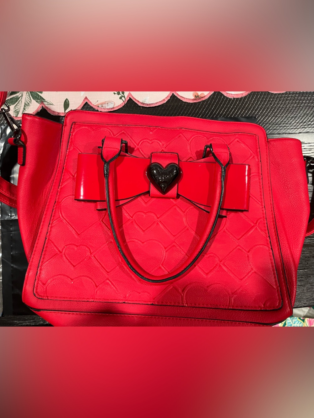 Betsey Johnson Bright Red Quilted Heart Satchel with Bow and Heart Clasp